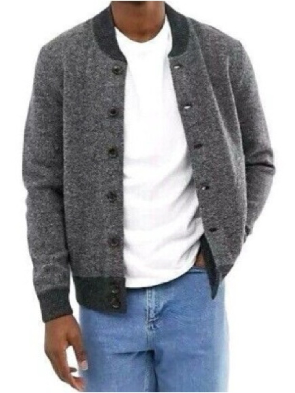 J Crew Bomber Sweater Mens Gray Cardigan 100% Lambswool